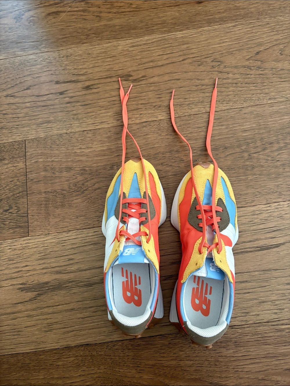 New Balance 327 White Sneakers with orange, light blue and yellow. WORN INDOORS